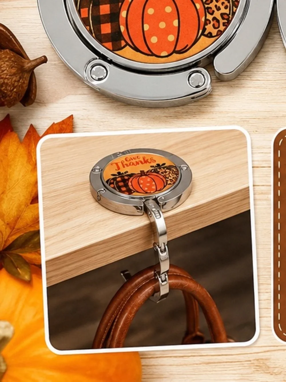 Give Thanks Pumpkin Themed Purse Hooks - Orange and Brown (Set of 3)